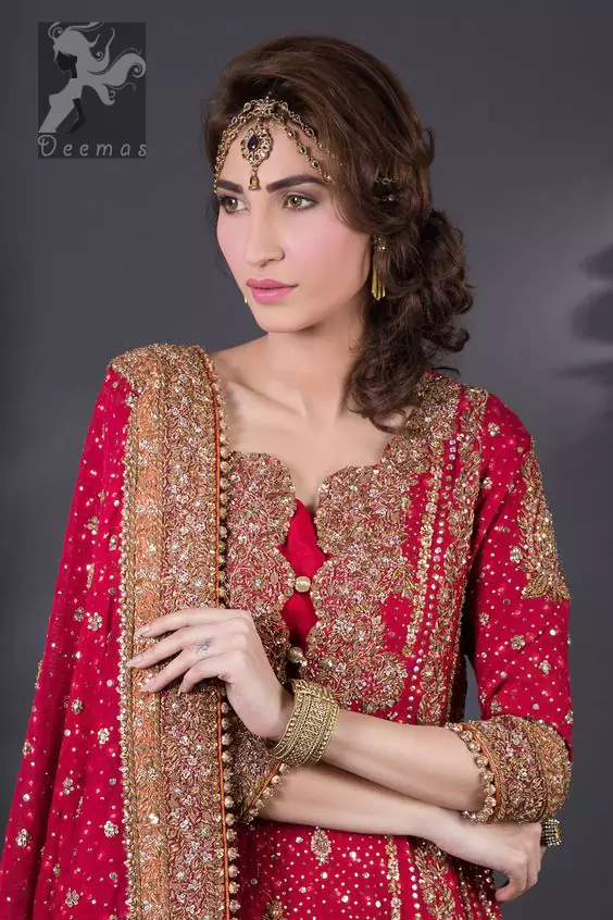 Crimson A-line shirt with two-tone lehenga and embroidered dupatta, Deemas Fashion