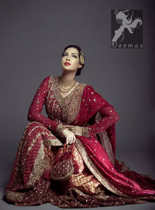 Pinkish red angrakha style bridal maxi lehenga, Deemas Fashion
