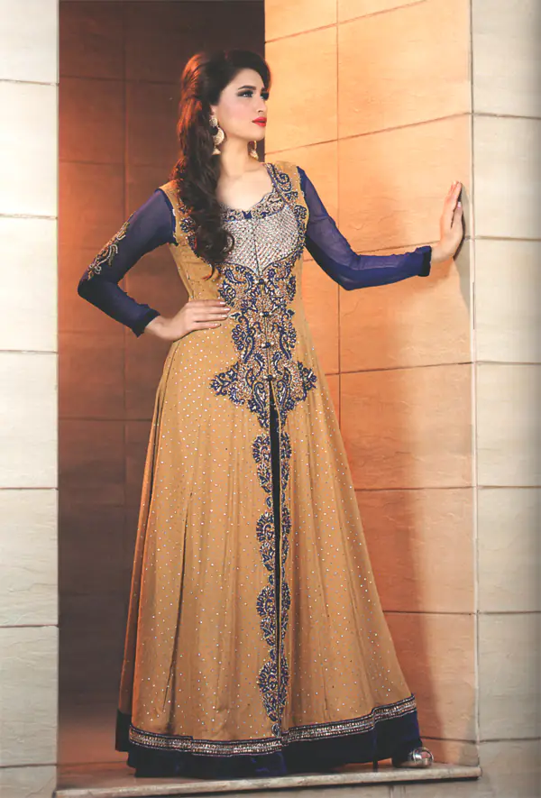 Golden brown dress with royal blue bodice adorned with blue and golden embroidery material.