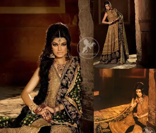 Fawn Andrakha with Bottle Green Velvet Embellished Lehnga