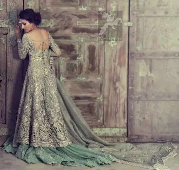 Mint Front Open Heavily Embroidered Bridal Gown With Back Trail Lehenga