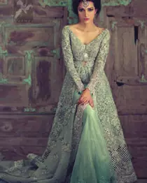 Mint Front Open Heavily Embroidered Bridal Gown With Back Trail Lehenga