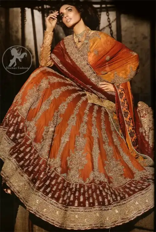 Deep Orange - Red Heavily Embroidered Bridal Lehenga For Baarat