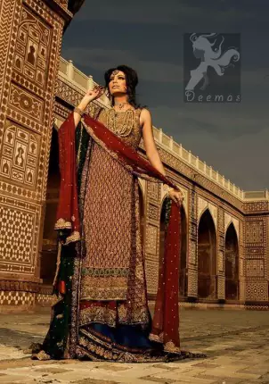 Deep Red Double layer Shirt and Dupatta with Royal Blue Lehenga