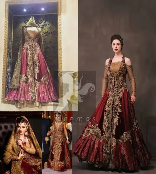 Deep Red Golden Double Layer Front Open Dress