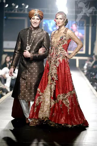Latest Pakistani Designer Wear Deep Red and Golden Double Layer Front Open Long Bridal Dress 2016