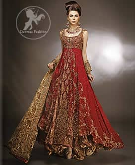 Latest Designer Wear Red Double Layer Front Open Heavy Bridal Gown With Golden Sharara