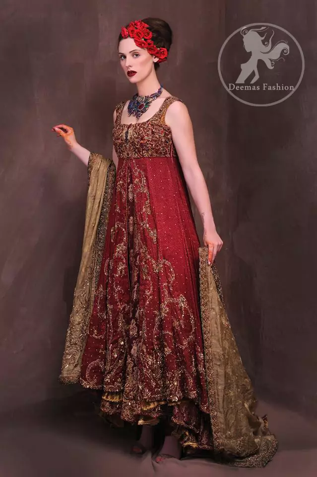 Latest Pakistani Designer Wear Red Double Layer Front Open Heavy Bridal Gown With Golden Sharara
