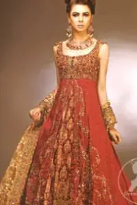 Red Double Layer Front Open Heavy Bridal Gown With Golden Sharara