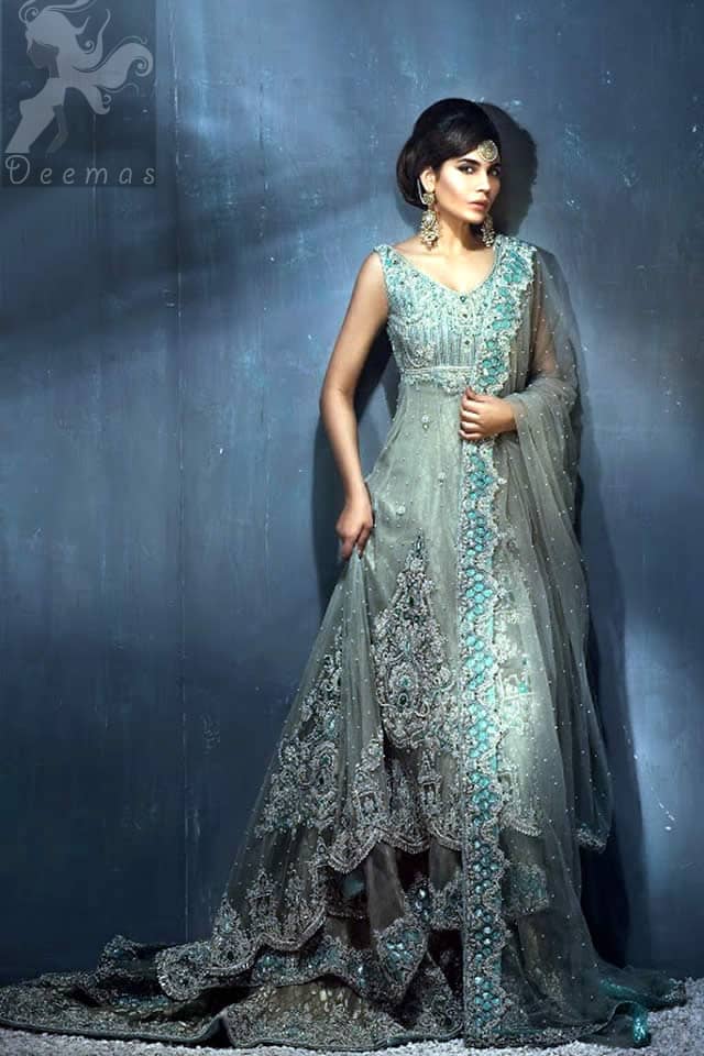 Light Grey Double Layer Back Trail Wedding Wear Frock with Lehenga and Dupatta 