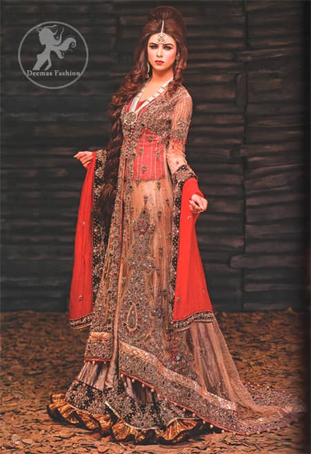 Fawn Bright Red Back Trail Gown Lehenga