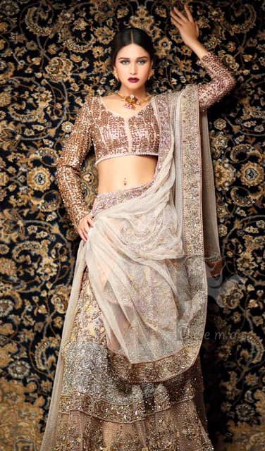 Latest Bridal Ivory White Fawn Blouse and Lehenga and Embroidered Dupatta