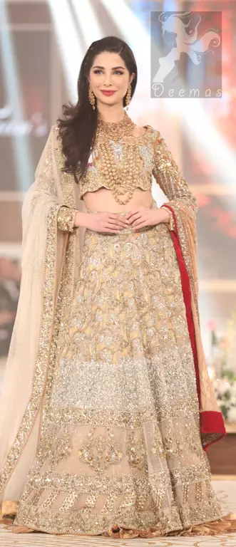 Bridal Embroidered Dupatta with Ivory White Fawn Blouse and Lehenga during Fashion Show