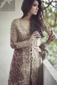 Beige Front Open Back Trail Bridal Fashion Wear Gown with Deep Red Banarsi Skirt