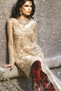 Light Golden Shirt - Deep Red Velvet Trouser and Organza Dupatta