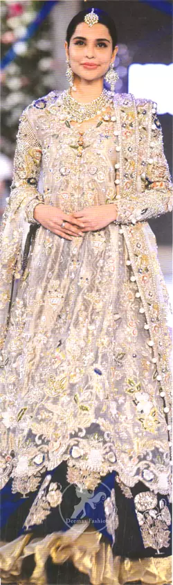 Latest Pakistani Bridal Dress Light Fawn Fully Embroidered Double Layer Pishwash Dupatta