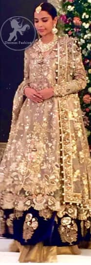 Latest Pakistani Bridal Dress Light Fawn Fully Embroidered Double Layer Pishwas