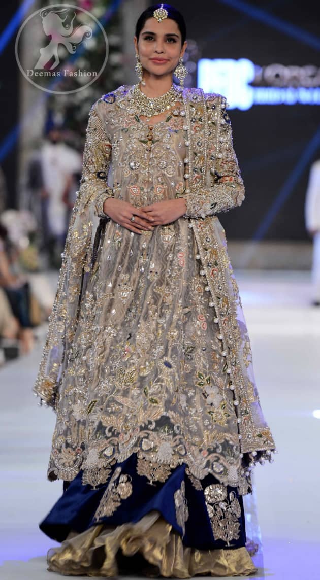 Latest Pakistani Bridal Dress Light Fawn Fully Embroidered Double Layer Pishwash Dupatta with Golden Lehenga