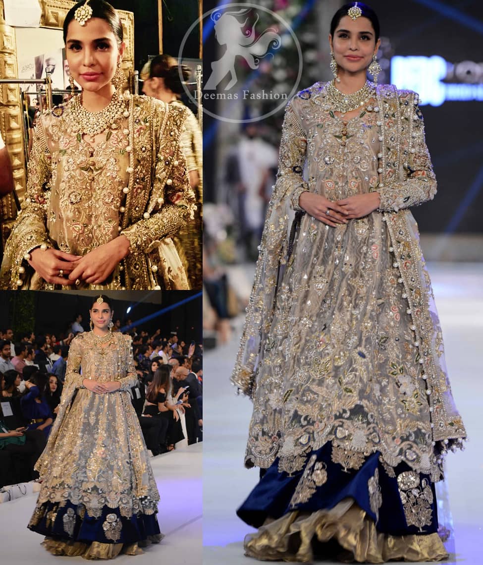 Latest Pakistani Bridal Dress Light Fawn Fully Embroidered Double Layer Pishwash Dupatta with Golden Lehenga