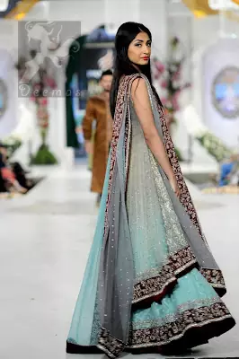 Light Blue Back Trail Bridal Gown with Lehenga and Embroidered Dupatta