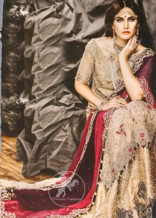 Light Fawn Long Shirt - Embroidered Lehenga - Deep Red Bridal Dupatta