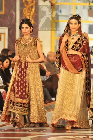 Latest Designer Wear Maroon Fawn Bridal Gown and Sharara