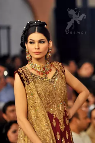 Latest Pakistani Designer Wear Maroon and Fawn Bridal Gown with Sharara and Dupatta