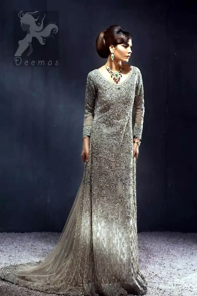 Pakistani Bridal Collection 2016 Light Fawn Back Trail Maxi For Walima