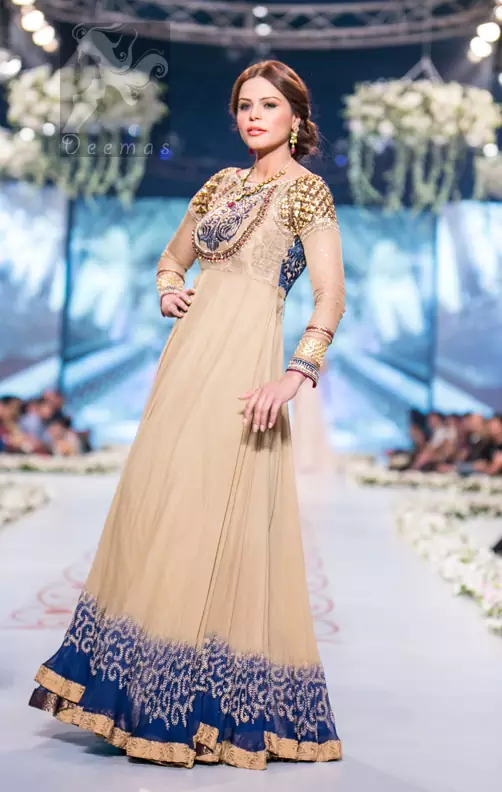 Pakistani Designer Wear Fawn Royal Blue Party Wear Maxi 2016