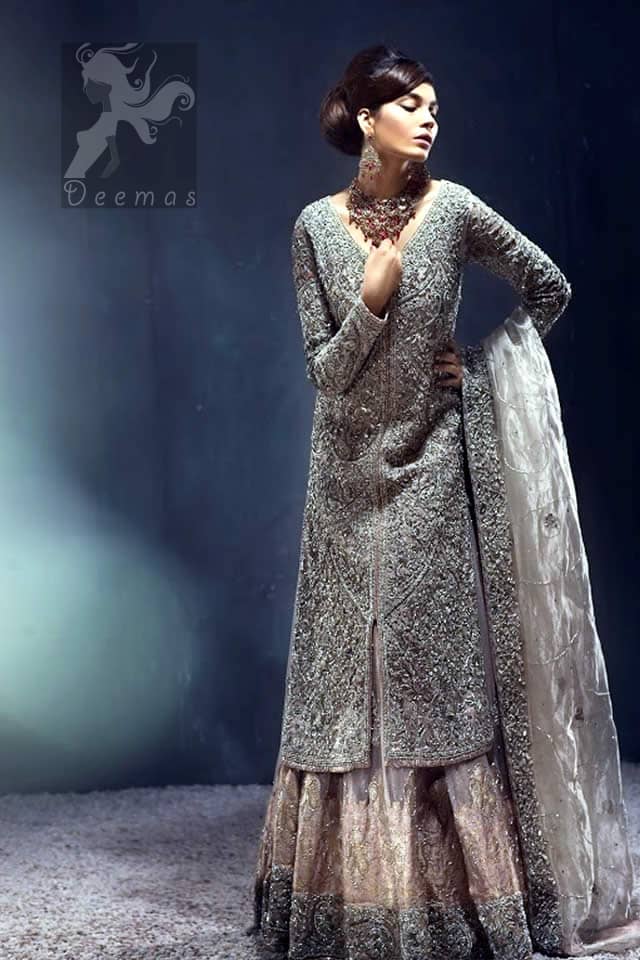 Latest Pakistani Silver Grey Front Open Gown with Lehenga and Organza Dupatta 2016
