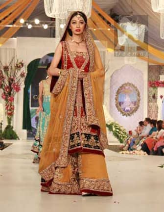 Red Back Trail Gown Yellow Orange Lehenga Dupatta for Mehndi Occasion
