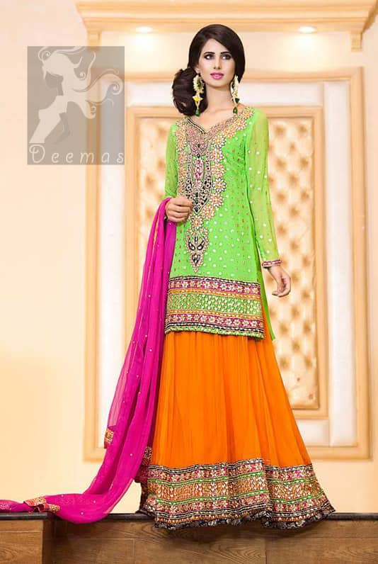 Pakistani Mehndi Outfit Bright Green Embroidered Short Shirt With Orange Lehenga and Shocking Pink Dupatta