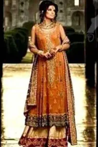 Rust A-line Bridal Frock with Fawn Sharara and Maroon Dupatta