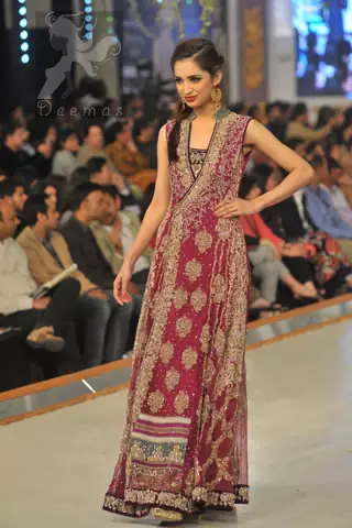 Shocking Pink Light Brown Andrakha Style Bridal Maxi with Embroidered Dupatta