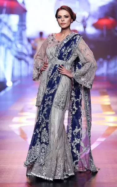 Silver Grey Bridal Dress – Short Shirt -Embroidered Sharara – Royal Blue Dupatta