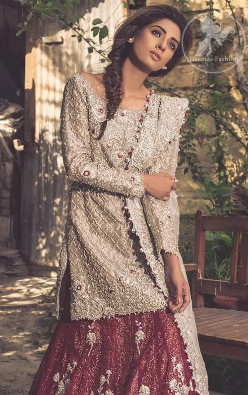 Fawn Bridal Wear Lehenga - Short Shirt - Dupatta - Deep Red Lehenga