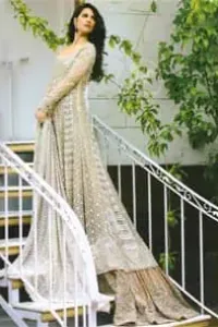Beige Bridal Frock - Dupatta - Light Brown Back Trail Lehenga