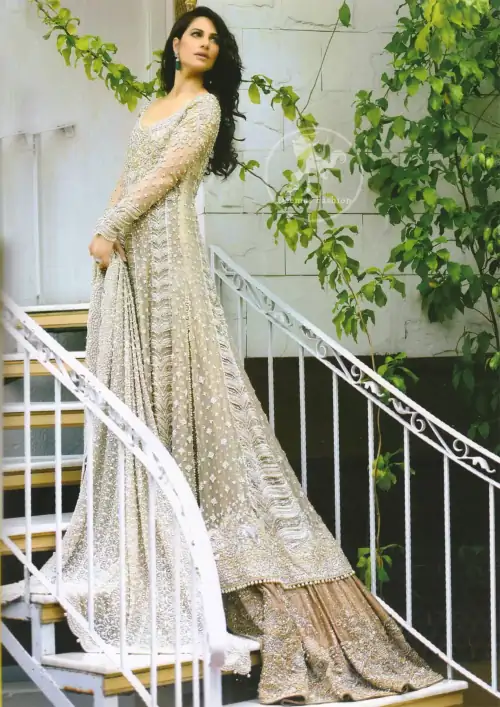 Beige Bridal Frock - Dupatta - Light Brown Back Trail Lehenga