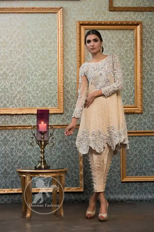 Party Wear Dress - Light Peach Short Frock - Cigarette Pants