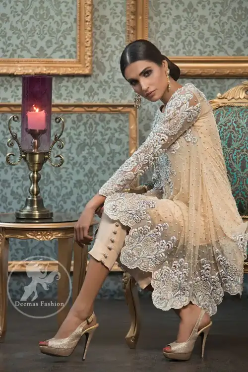 Party Wear Dress - Light Peach Short Frock - Cigarette Pants