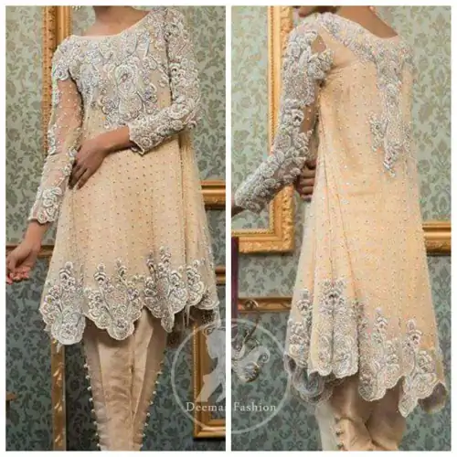 Party Wear Dress - Light Peach Short Frock - Cigarette Pants