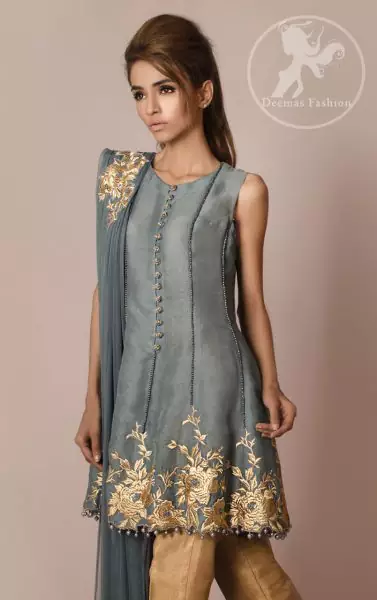 Gray Short Frock – Dupatta – Golden Cigarette Pants