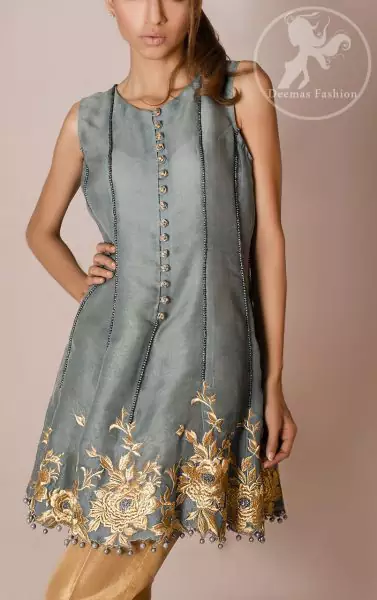 Gray Short Frock – Dupatta – Golden Cigarette Pants
