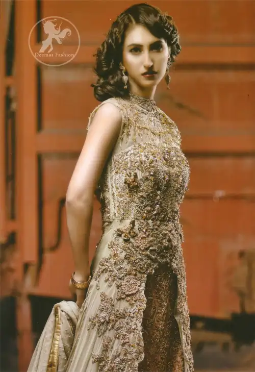 Pakistani Bridal Dresses 2017 - Light Green - Peach - Double Layer - Back Trail Maxi