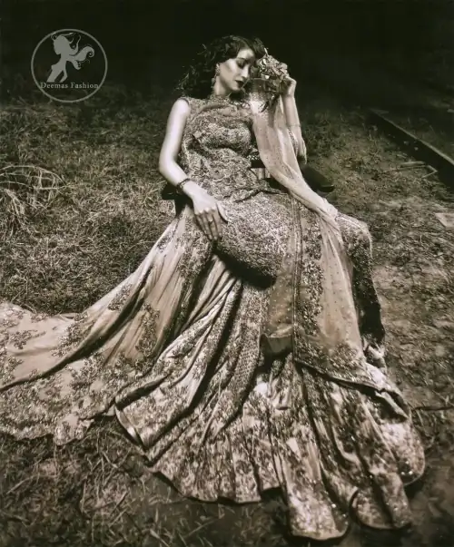 Pakistani Bridal Dresses 2017 - Light Green - Peach - Double Layer - Back Trail Maxi