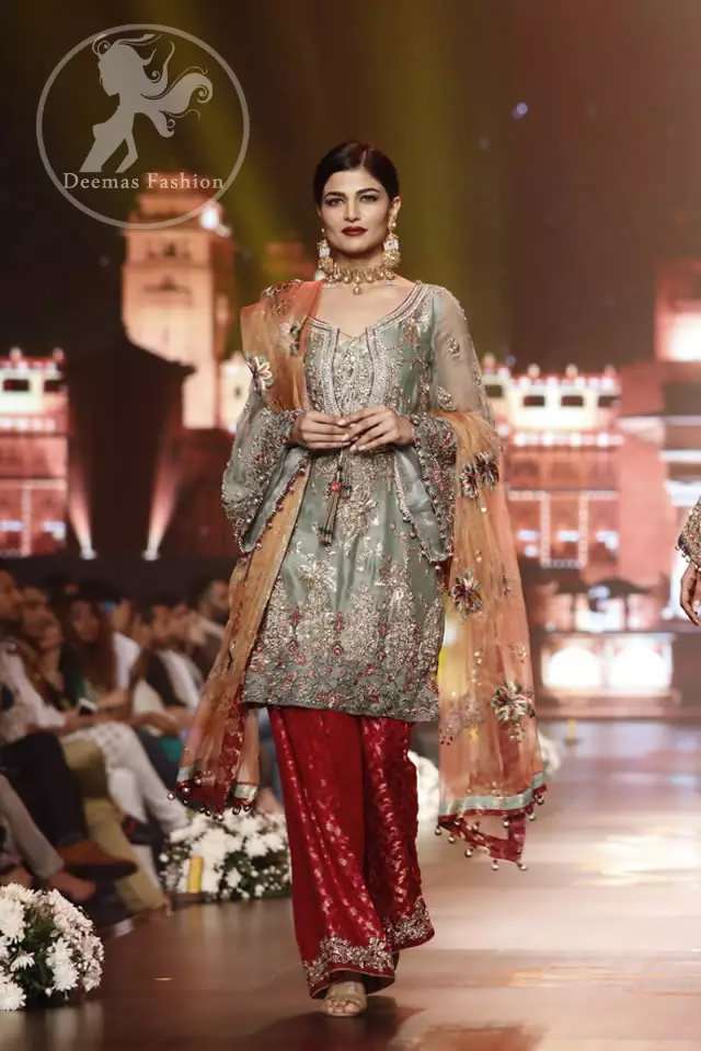 grayish-green-short-shirt-with-red-trousers-and-peach-dupatta