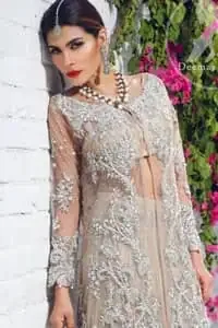 Beige Front Open Gown - Crushed Lehenga