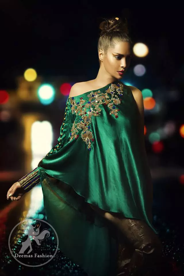 Bottle Green Formal Cape - Golden Cigarette Pants - Dupatta