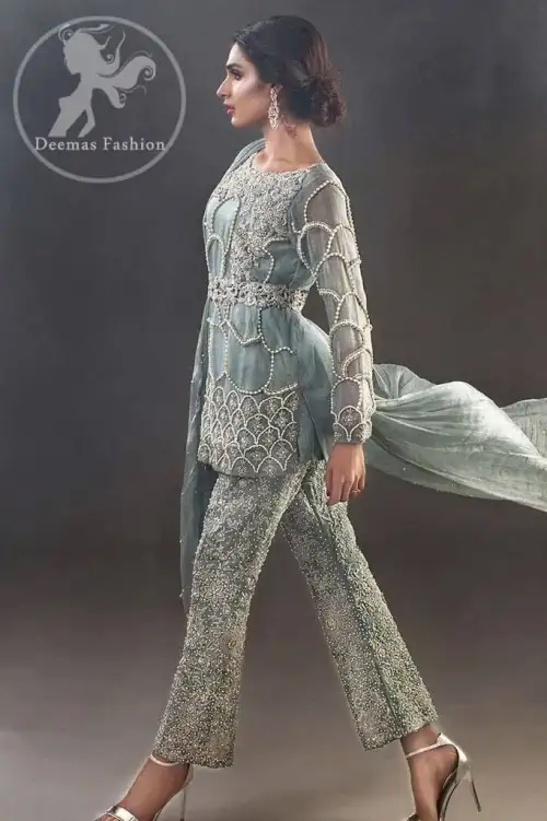 Grayish Short Shirt - Fully Embroidered Cigarette Pants