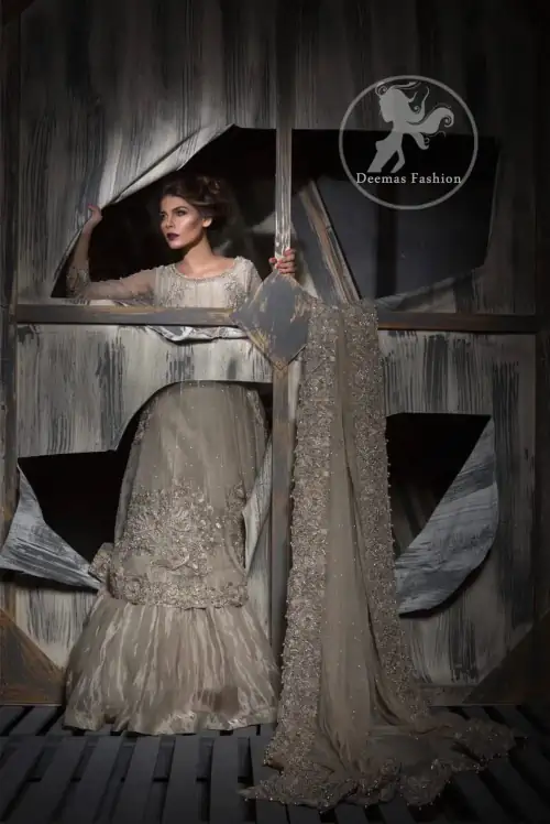 Light Fawn ALine Bridal Frock - Lehenga -Embroidered Dupatta